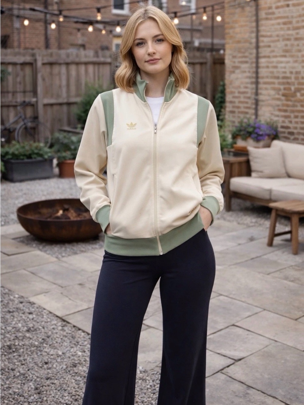 Vintage 80s 90s Adidas Cream and Olive Bomber Jacket Minimalist Atheleisure